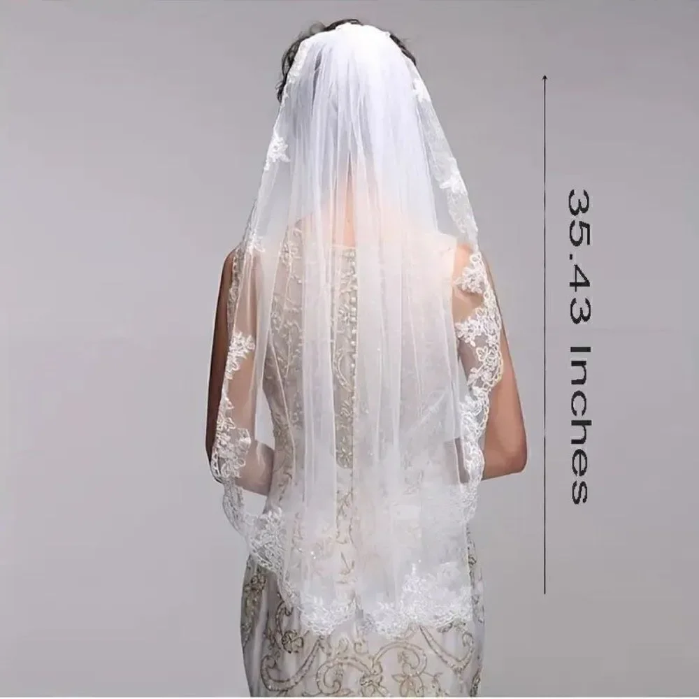 Embroidered Lace and Gems Edge Fingertip Bridal Wedding Veil White With Comb